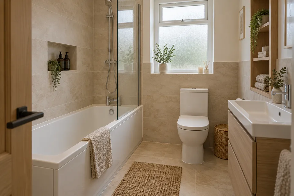 Fitted bath, shower screen and compact storage