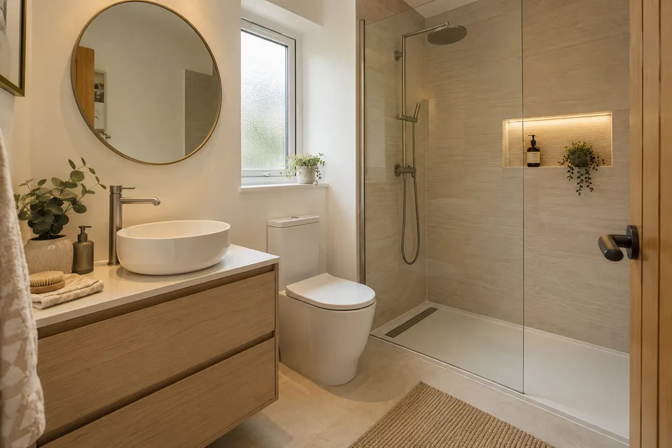 Contemporary shower, vanity and useful shelving