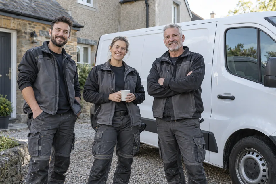 Bathroom fitting workwear beside a trade van